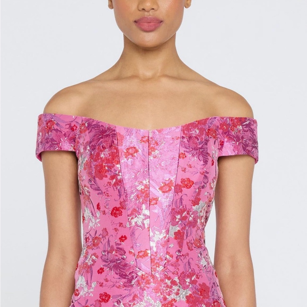 Theia Pink Floral Off-Shoulder Midi Dress